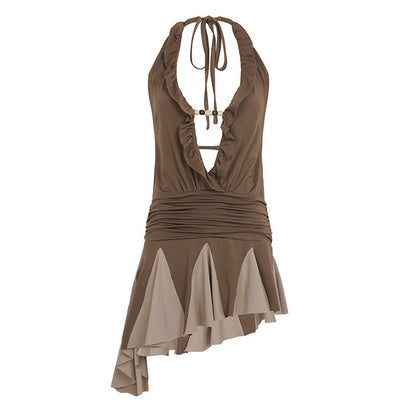 Asymmetric Deep V Wooden-Strap Halter Dress