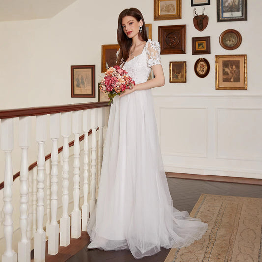 French Pastoral Short Sleeve Wedding Dress