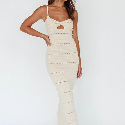 Robe Sexy à Bretelles Vêtements Femme Robe Longue en Maille Torsadée Évidée Sexy Femme
