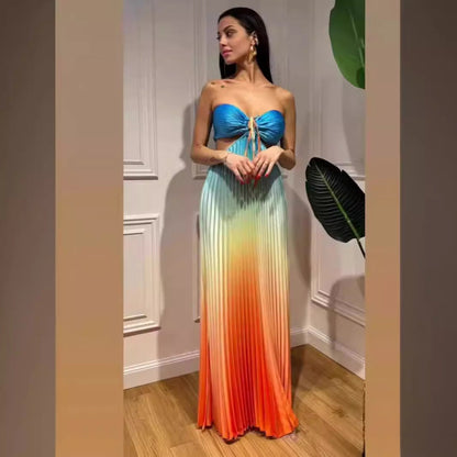 Robe longue plissée à col licou pour femme avec dégradé de couleurs estival personnalisé