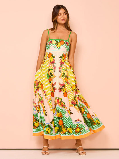 Robe Femme Bretelles Fines Imprimé Floral Lin 9 Couleurs Grande Robe Évasée