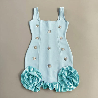 Sexy Niche Design Lace Rhinestone Sleeveless Bandage One Piece Dress Sheath Dress Mini Dress