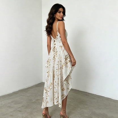 Robe de vacances sans manches à décolleté plongeant en V, avec bretelles et taille cintrée à basque pour femme
