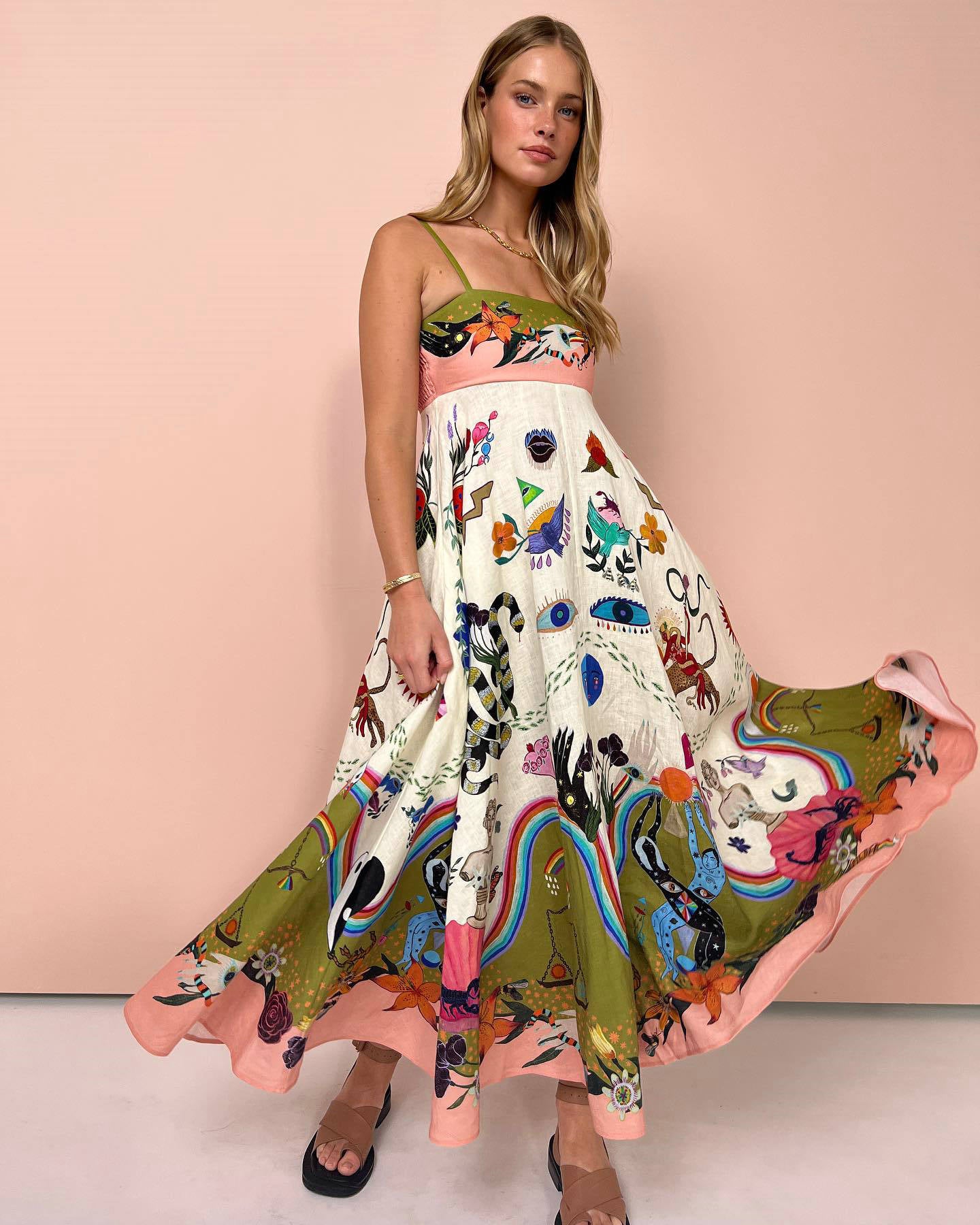 Robe Femme Bretelles Fines Imprimé Floral Lin 9 Couleurs Grande Robe Évasée