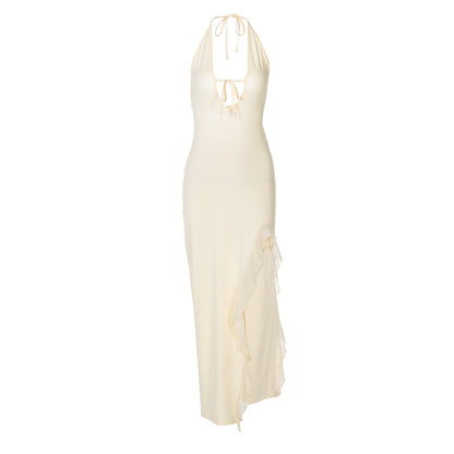 Ruffled Sexy V neck Lace up Backless Dress