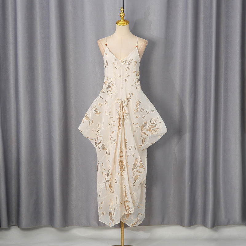Robe de vacances sans manches à décolleté plongeant en V, avec bretelles et taille cintrée à basque pour femme