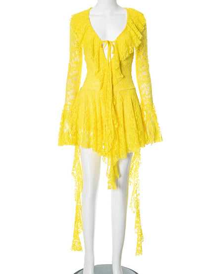 Lace Lotus Leaf Streamer Long Sleeve with Safety Pants Short Dress