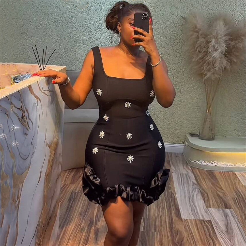 Sexy Niche Design Lace Rhinestone Sleeveless Bandage One Piece Dress Sheath Dress Mini Dress