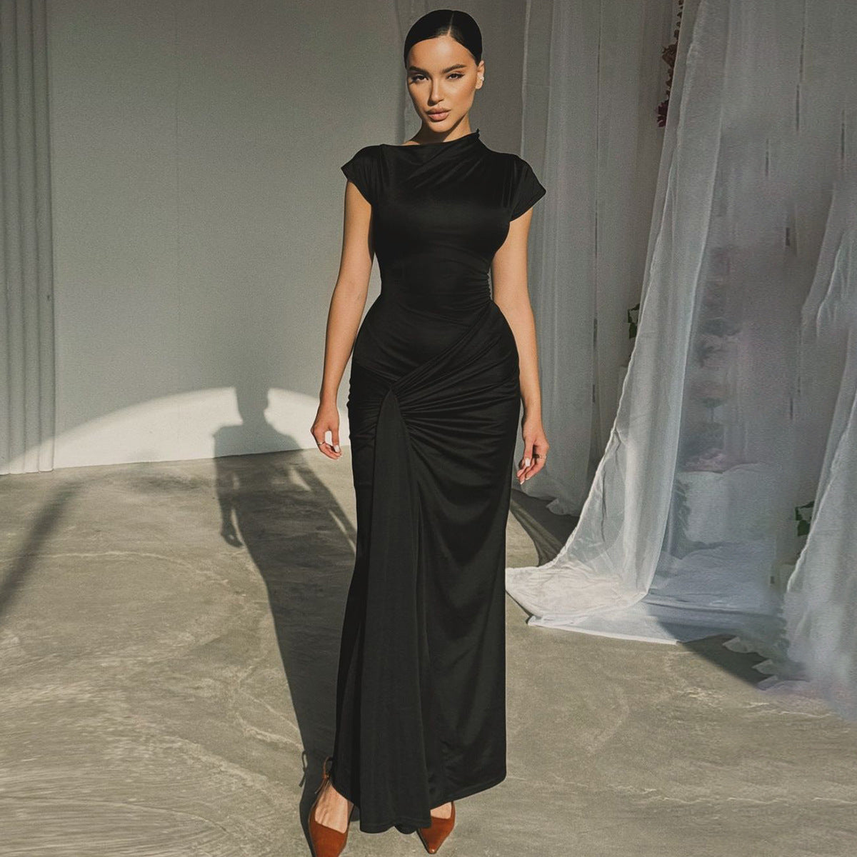 Robe Courte Plissée Lacée à Manches Courtes pour Femme, Coupe Cintrée, Collection Automne