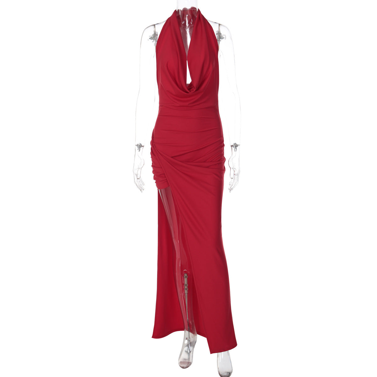 Ruched Plunge High Slit Dress