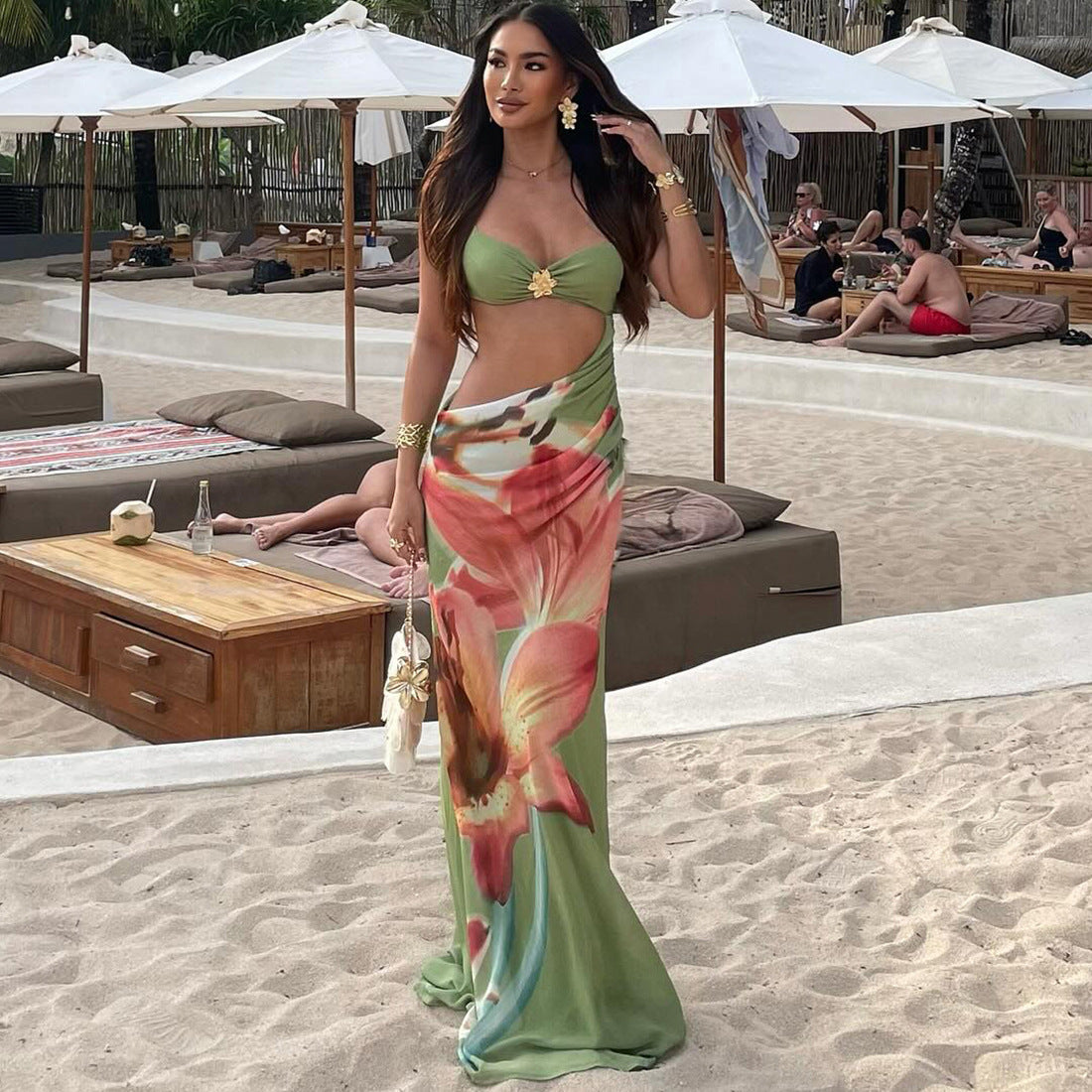 Floral Wrapped Chest Spaghetti Strap Maxi Dress