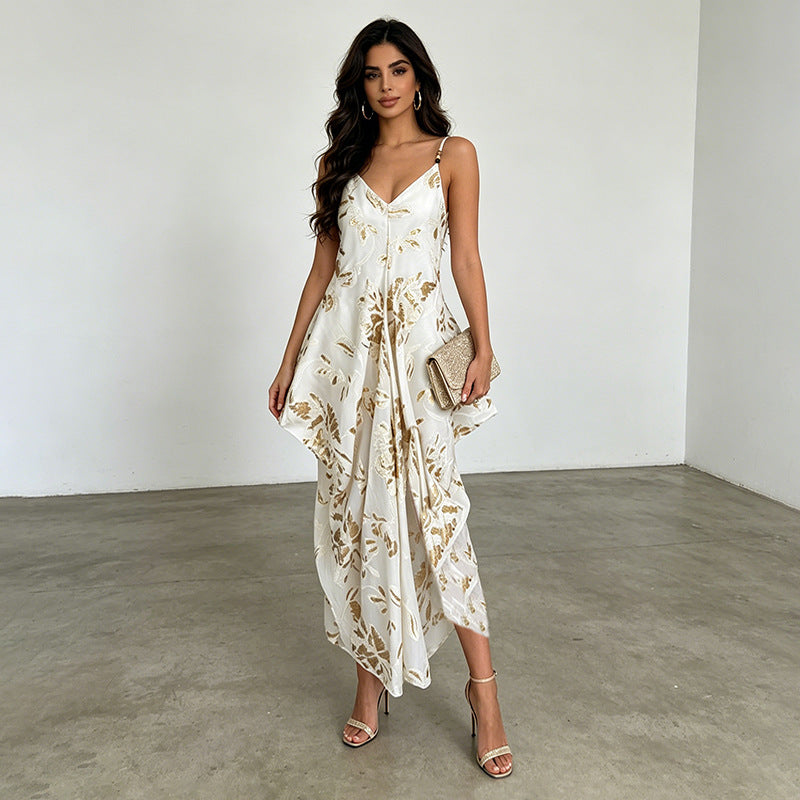 Robe de vacances sans manches à décolleté plongeant en V, avec bretelles et taille cintrée à basque pour femme