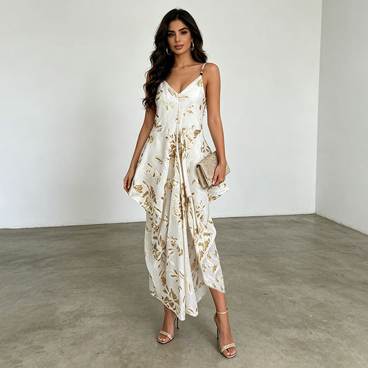 Robe de vacances sans manches à décolleté plongeant en V, avec bretelles et taille cintrée à basque pour femme