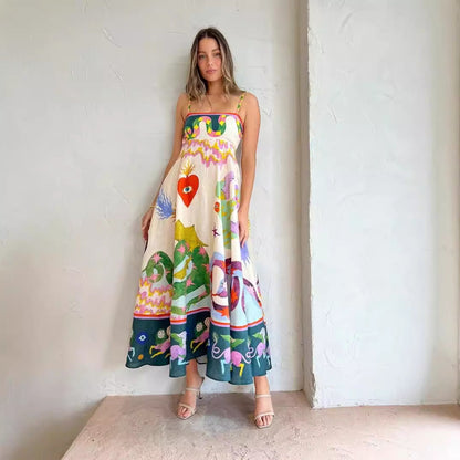 Robe Femme Bretelles Fines Imprimé Floral Lin 9 Couleurs Grande Robe Évasée