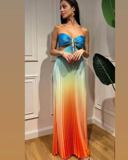 Robe longue plissée à col licou pour femme avec dégradé de couleurs estival personnalisé