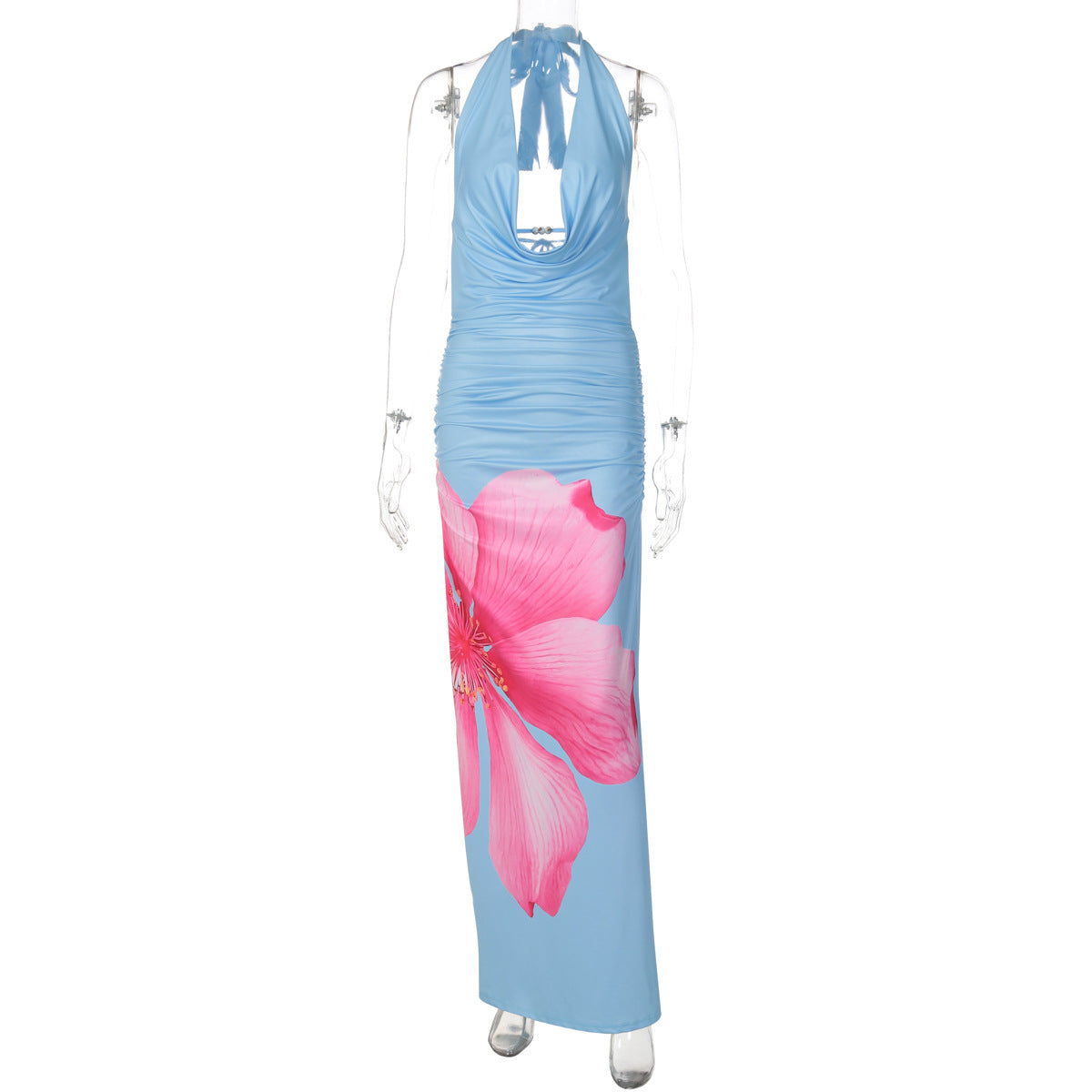 Tropical Plunge Neck Backless Floral Maxi Dress