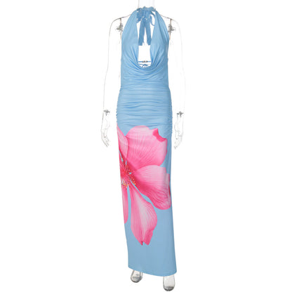Tropical Plunge Neck Backless Floral Maxi Dress