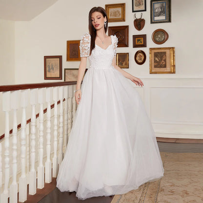 French Pastoral Short Sleeve Wedding Dress