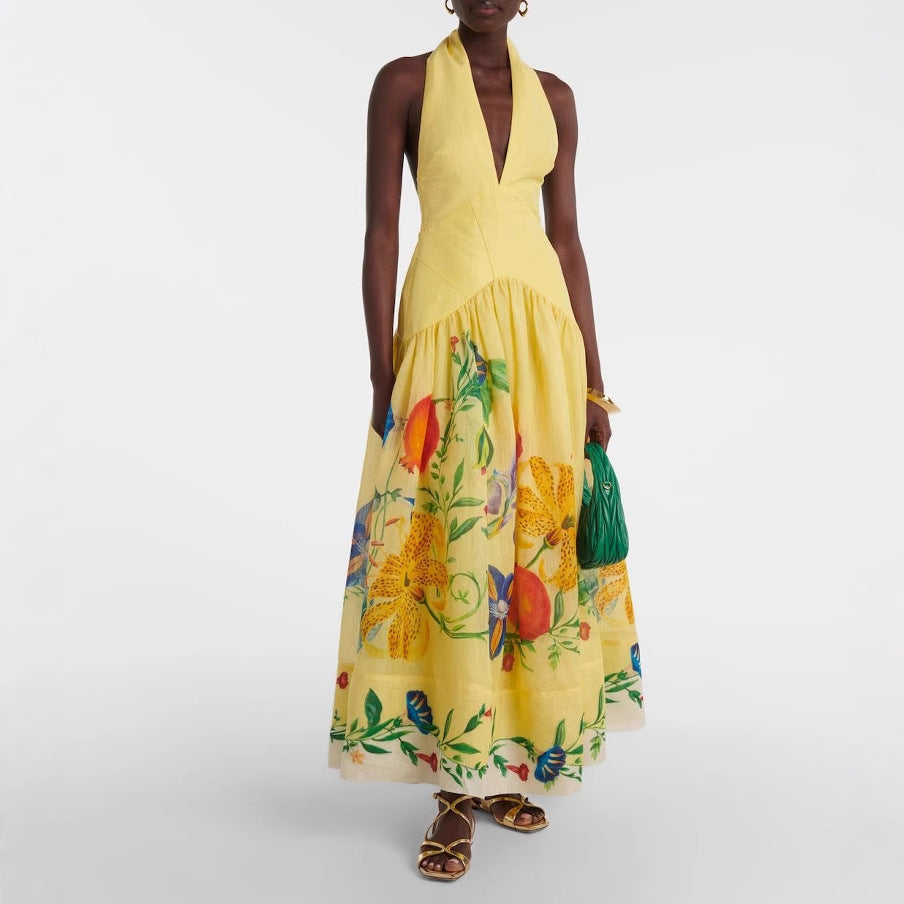 Robe d'été en lin à imprimé, dos nu, large balançoire et décolleté plongeant pour femme