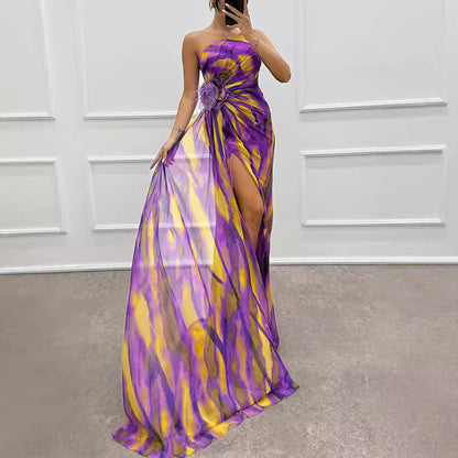 Chiffon Floral Print Slit Dress Casual Party Long Women Clothing Dress
