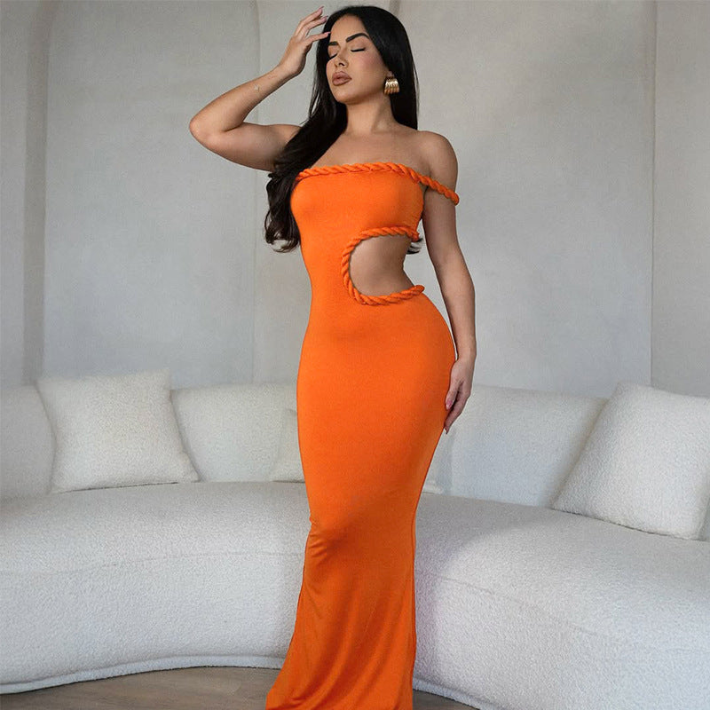 Slim Off-Shoulder Hollow Out Cutout Maxi Dress