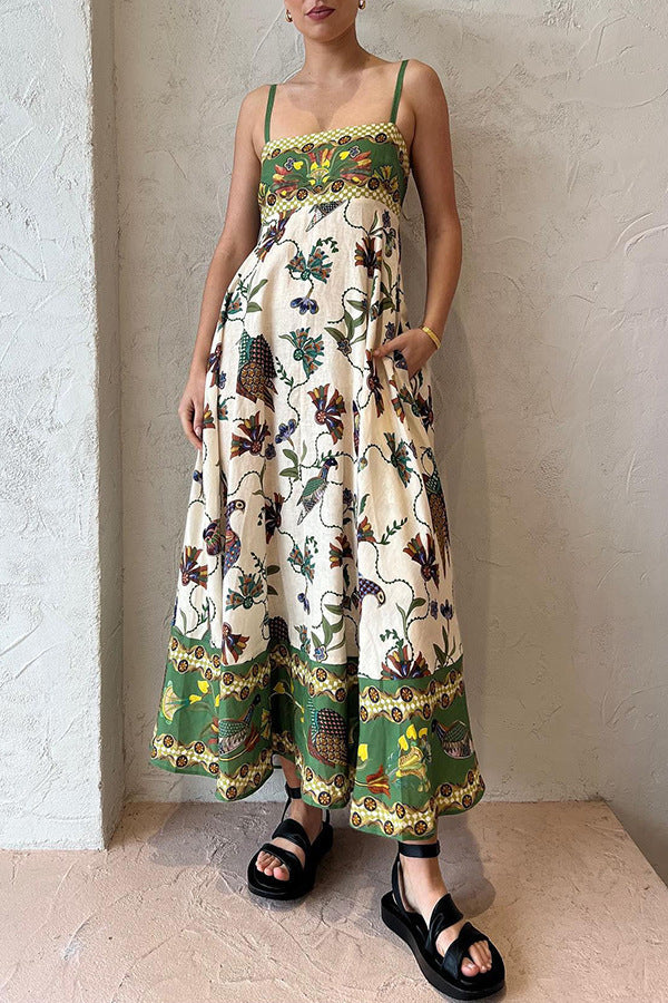 Robe Femme Bretelles Fines Imprimé Floral Lin 9 Couleurs Grande Robe Évasée