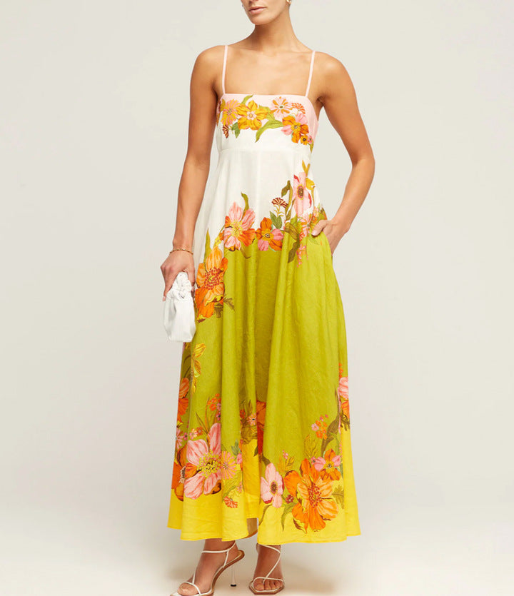 Robe Femme Bretelles Fines Imprimé Floral Lin 9 Couleurs Grande Robe Évasée
