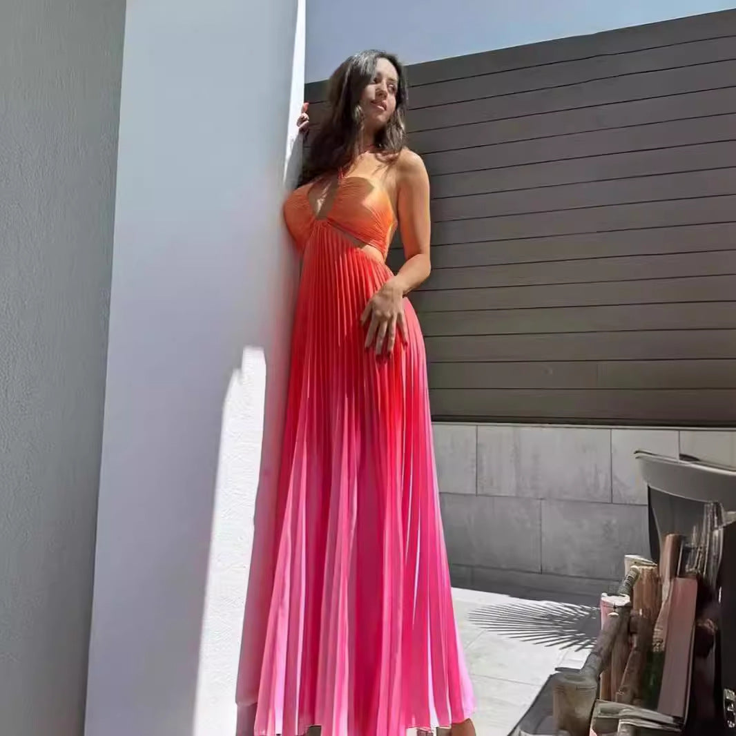 Robe longue plissée à col licou pour femme avec dégradé de couleurs estival personnalisé
