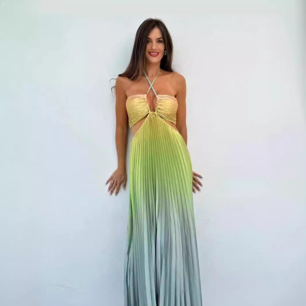 Robe longue plissée à col licou pour femme avec dégradé de couleurs estival personnalisé