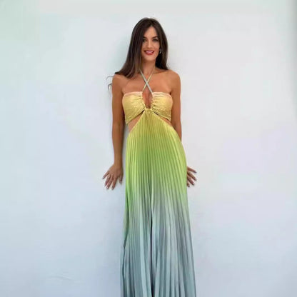 Robe longue plissée à col licou pour femme avec dégradé de couleurs estival personnalisé