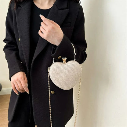 Shiny Heart Shape Metal Evening Clutch Bag for Women | Fashion Chain Shoulder Crossbody Bag (Luxury Lady Purse)