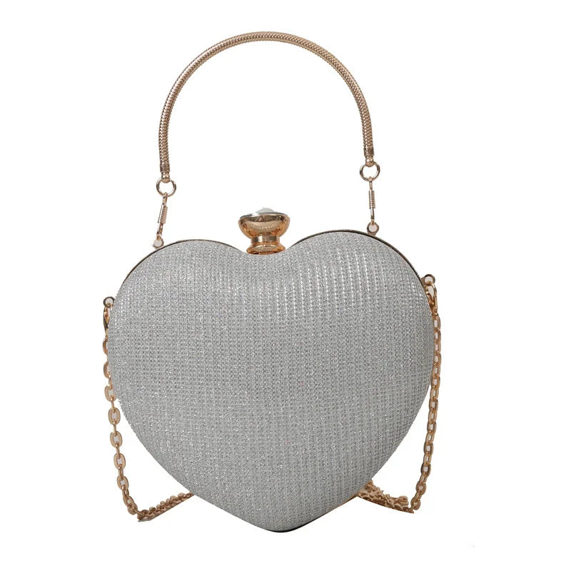 Shiny Heart Shape Metal Evening Clutch Bag for Women | Fashion Chain Shoulder Crossbody Bag (Luxury Lady Purse)