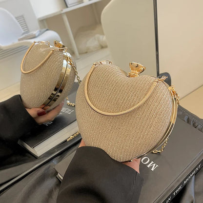 Shiny Heart Shape Metal Evening Clutch Bag for Women | Fashion Chain Shoulder Crossbody Bag (Luxury Lady Purse)