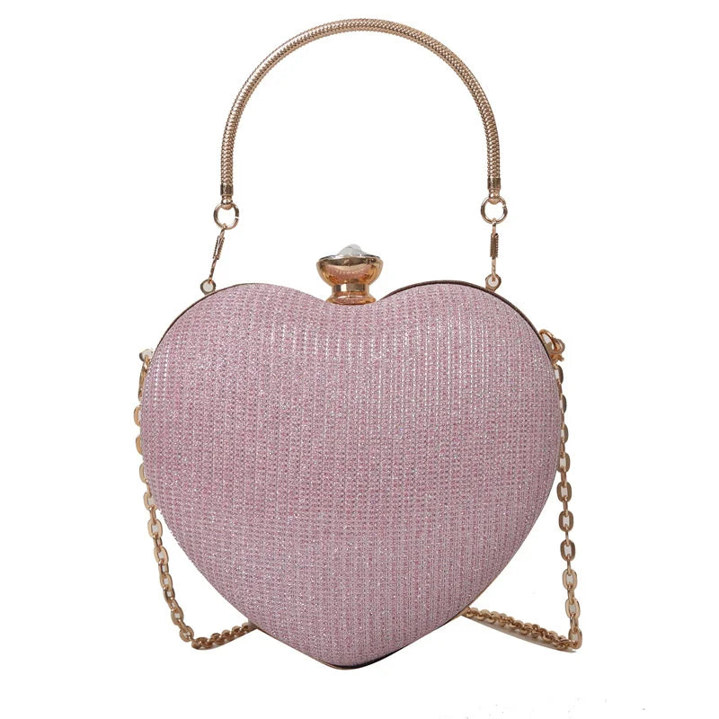 Shiny Heart Shape Metal Evening Clutch Bag for Women | Fashion Chain Shoulder Crossbody Bag (Luxury Lady Purse)