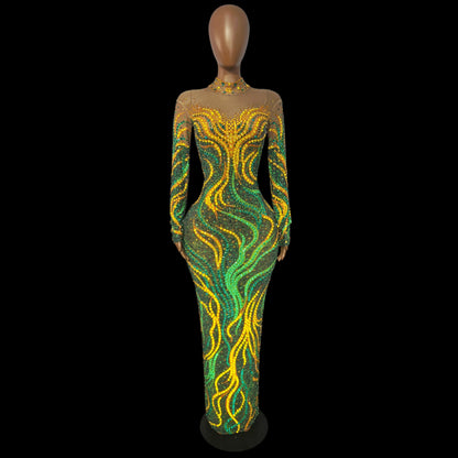 Gold & Emerald Swirl Rhinestone Illusion Maxi Gown Long Sleeve Floor-Length Evening Dress