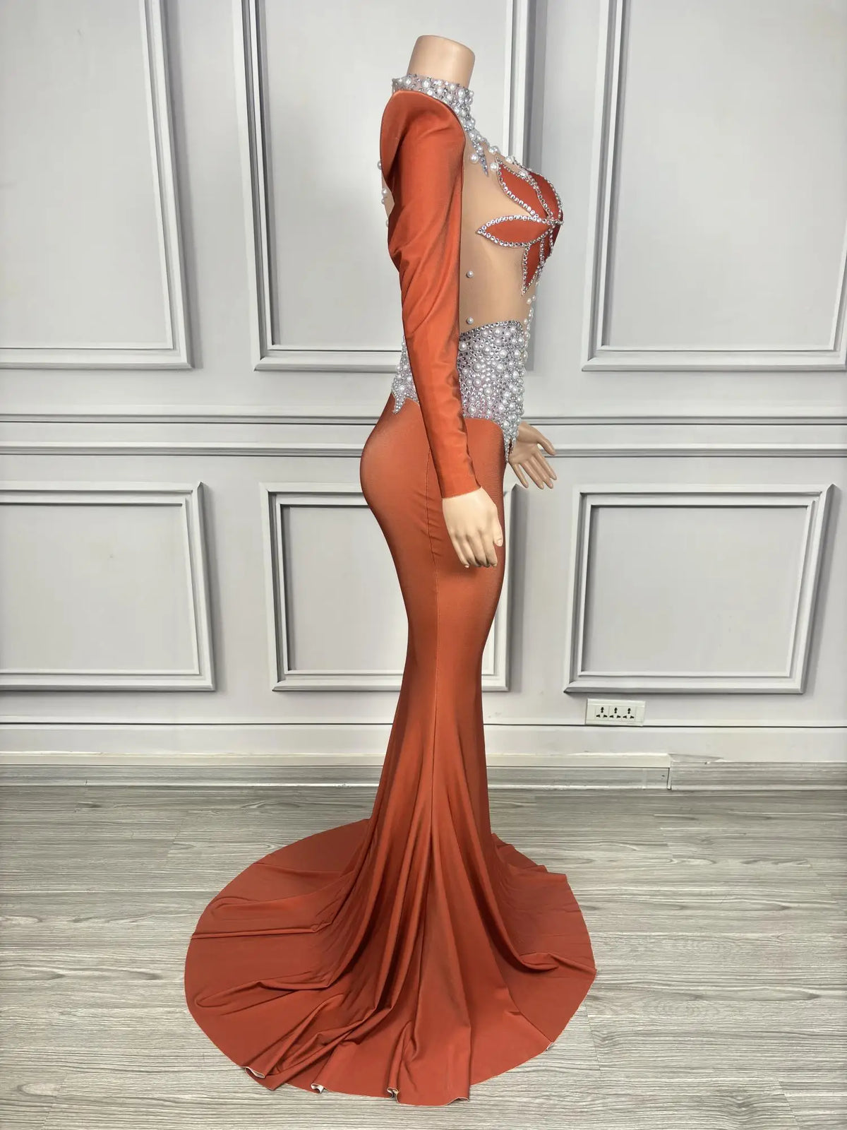 Rhinestone Floral Embroidered Mermaid Gala Gown