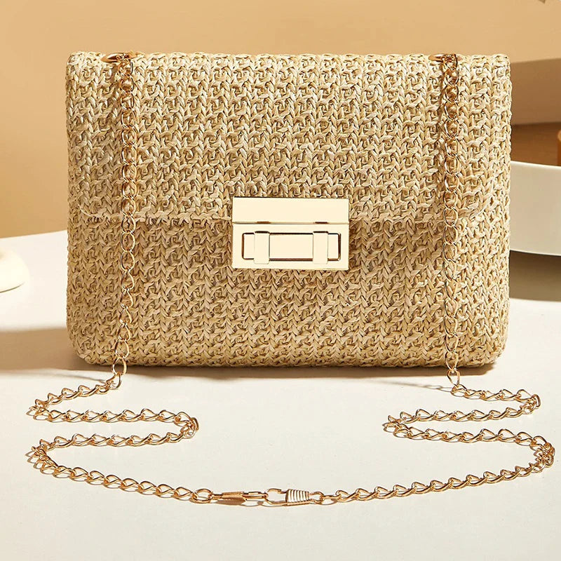 Fashion Crossbody Bags for Women | Simple Straw Shoulder Bag & Women's Lock Closure Bag (Small Square Purse Summer Money Bag)