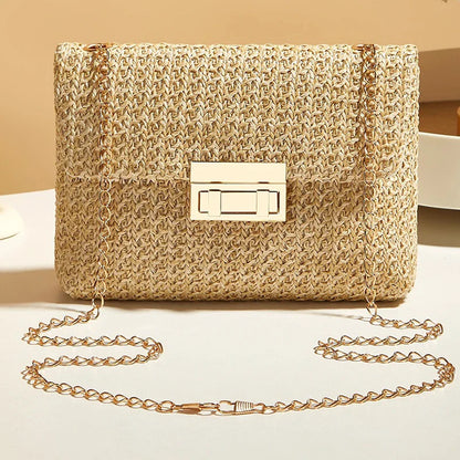 Fashion Crossbody Bags for Women | Simple Straw Shoulder Bag & Women's Lock Closure Bag (Small Square Purse Summer Money Bag)