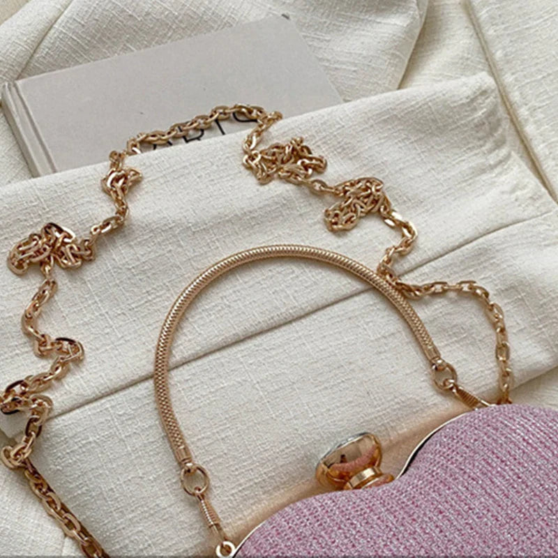 Shiny Heart Shape Metal Evening Clutch Bag for Women | Fashion Chain Shoulder Crossbody Bag (Luxury Lady Purse)