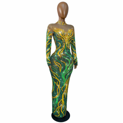 Gold & Emerald Swirl Rhinestone Illusion Maxi Gown Long Sleeve Floor-Length Evening Dress