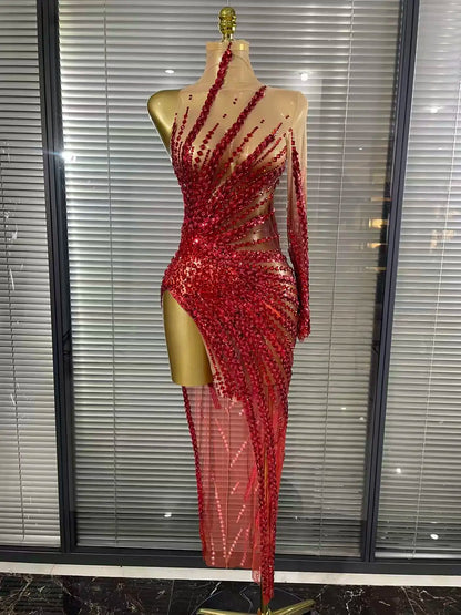 Gold Crystal Illusion Sweetheart Gown High-Slit Mermaid Train Evening Dress