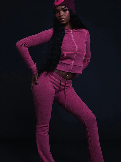 Ensemble de survêtement zippé à capuche pour femme avec pantalon évasé