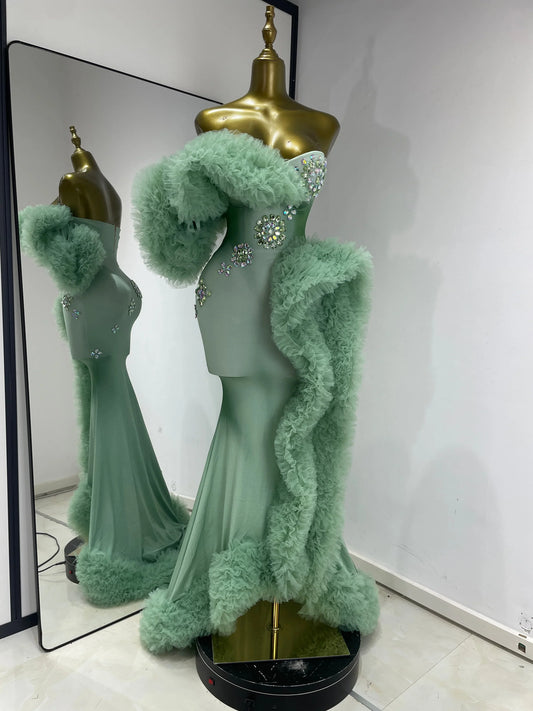 Luxury Prom Gowns Women Mint Green Strapless Breast Cups Puffy Rhinestones Maxi Long Runway Gala Gowns Evening Party Dress