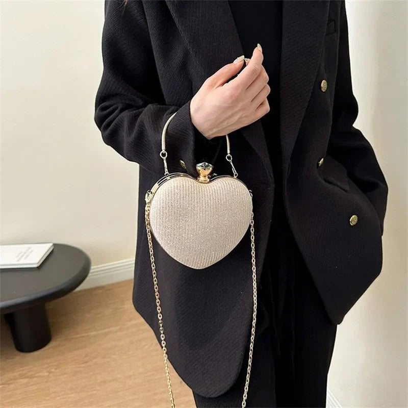 Shiny Heart Shape Metal Evening Clutch Bag for Women | Fashion Chain Shoulder Crossbody Bag (Luxury Lady Purse)