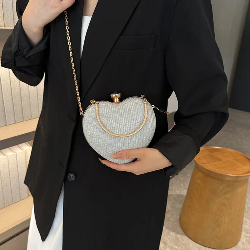 Shiny Heart Shape Metal Evening Clutch Bag for Women | Fashion Chain Shoulder Crossbody Bag (Luxury Lady Purse)
