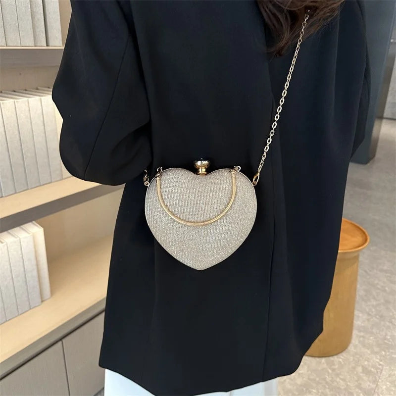 Shiny Heart Shape Metal Evening Clutch Bag for Women | Fashion Chain Shoulder Crossbody Bag (Luxury Lady Purse)