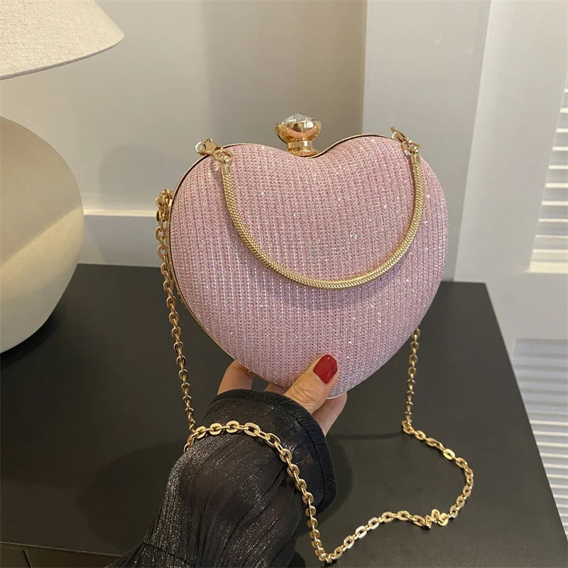 Shiny Heart Shape Metal Evening Clutch Bag for Women | Fashion Chain Shoulder Crossbody Bag (Luxury Lady Purse)