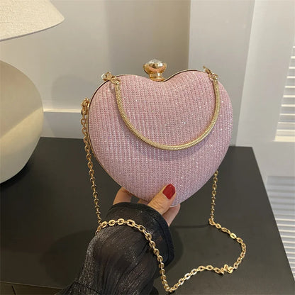 Shiny Heart Shape Metal Evening Clutch Bag for Women | Fashion Chain Shoulder Crossbody Bag (Luxury Lady Purse)