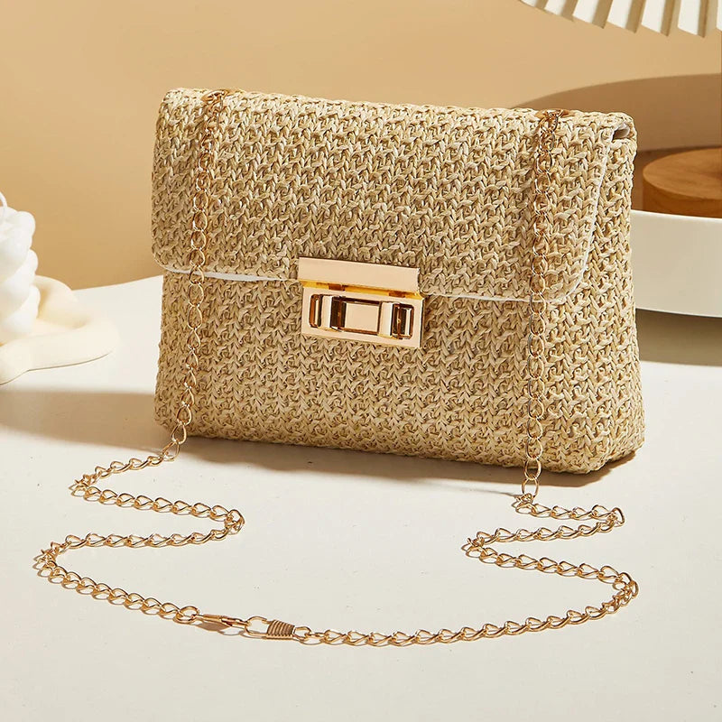 Fashion Crossbody Bags for Women | Simple Straw Shoulder Bag & Women's Lock Closure Bag (Small Square Purse Summer Money Bag)