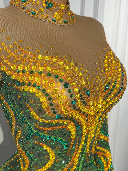 Gold & Emerald Swirl Rhinestone Illusion Maxi Gown Long Sleeve Floor-Length Evening Dress